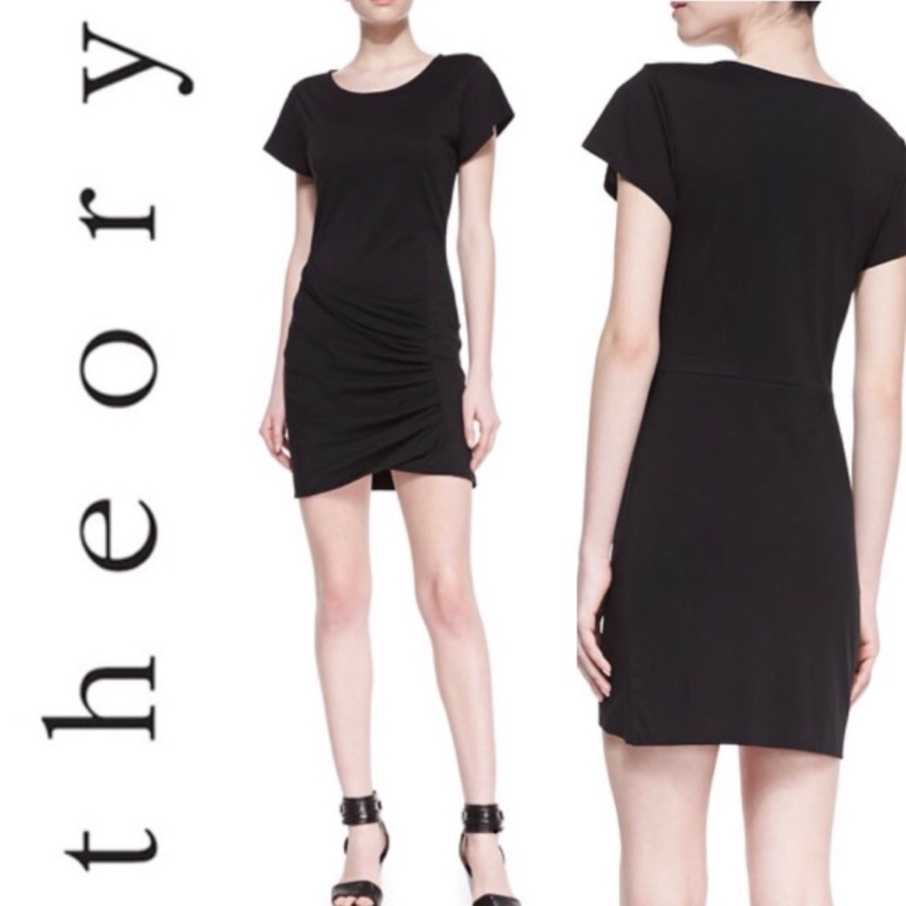 Theory black tee dress ruched at the hip, size m